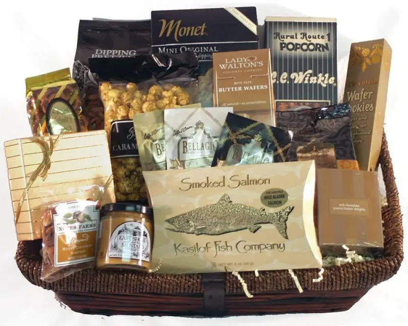 A gourmet gift basket overflowing with an assortment of snacks and treats, beautifully arranged for gifting.
