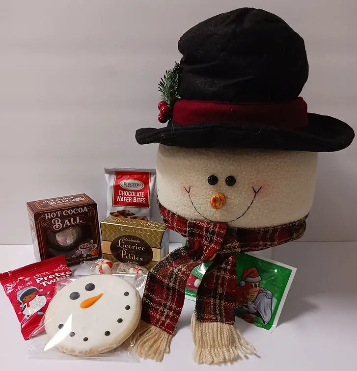 A cheerful snowman wearing a hat and scarf, adorned with buttons and a carrot nose, stands against a snowy backdrop.